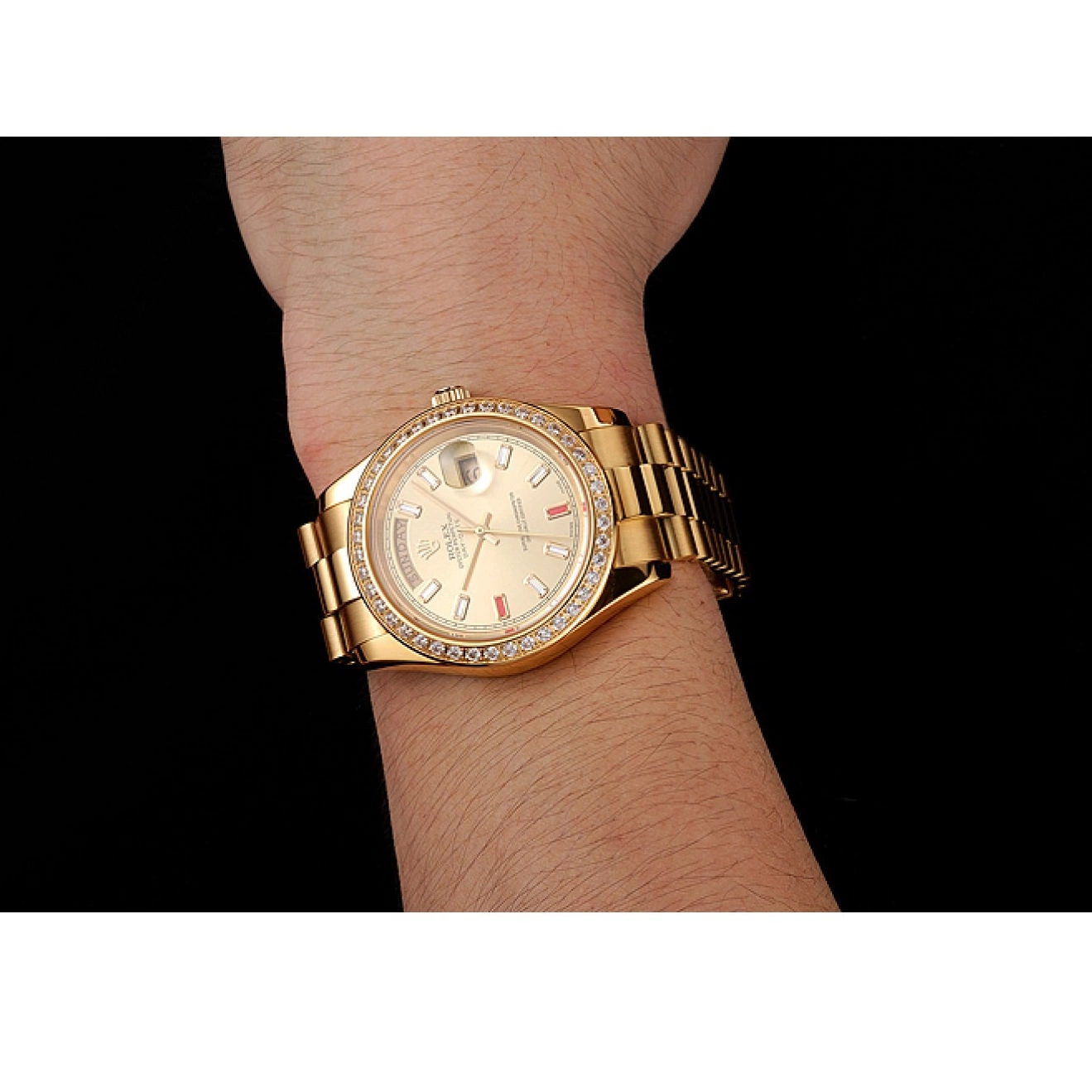 AAA replica watch Rubies Day-Date Diamonds 1454100 Rolex Swiss Dial Gold And Bracelet Champagne 0704